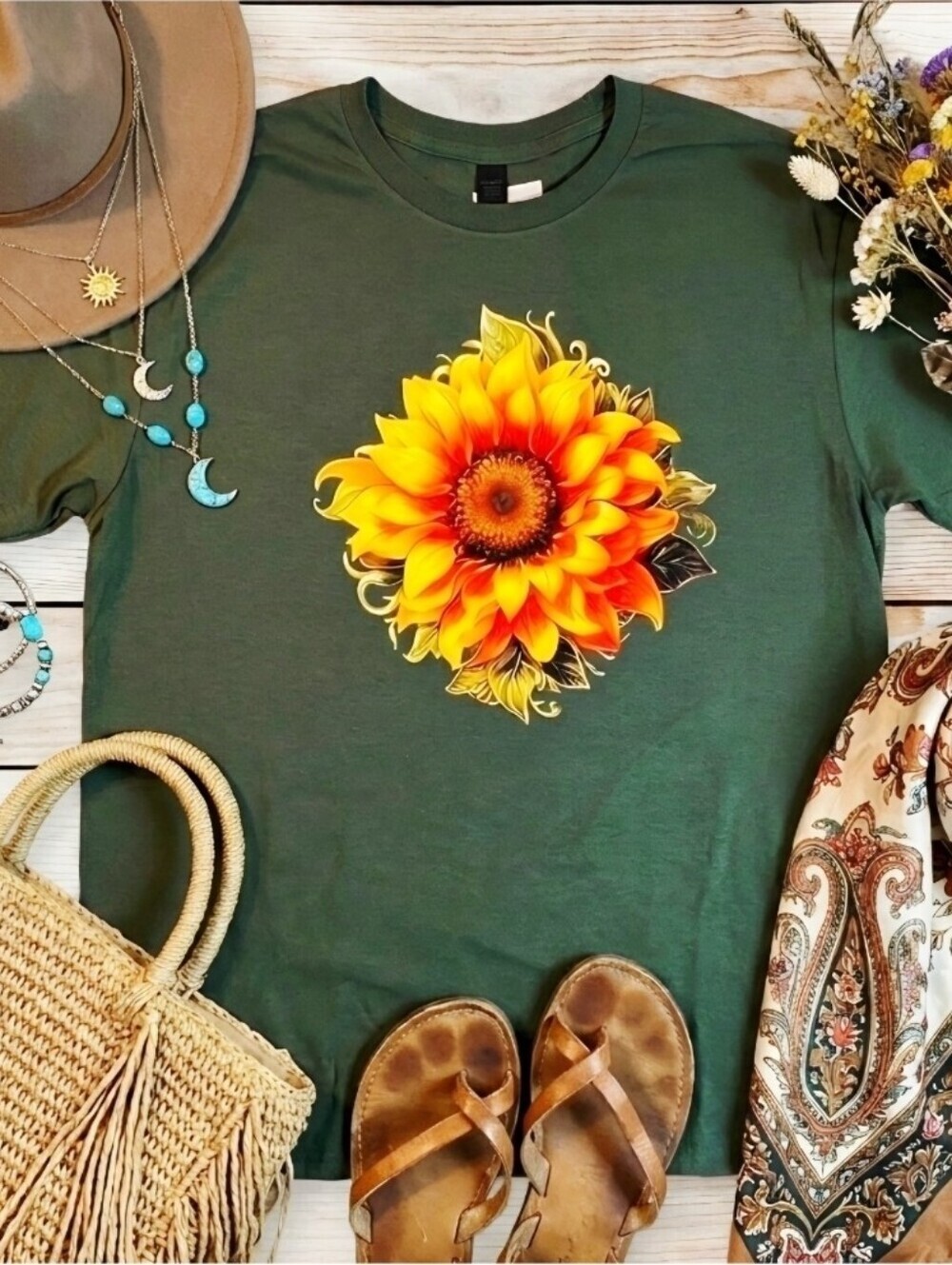 Sunflower Graphic Tee • Green Floral T‑Shirt • Boho Nature Top